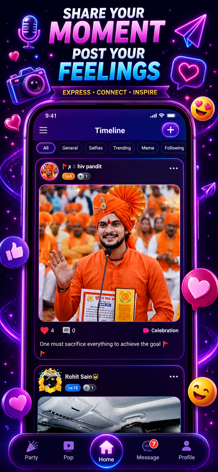 Fworld Live app screenshot showing post sharing
